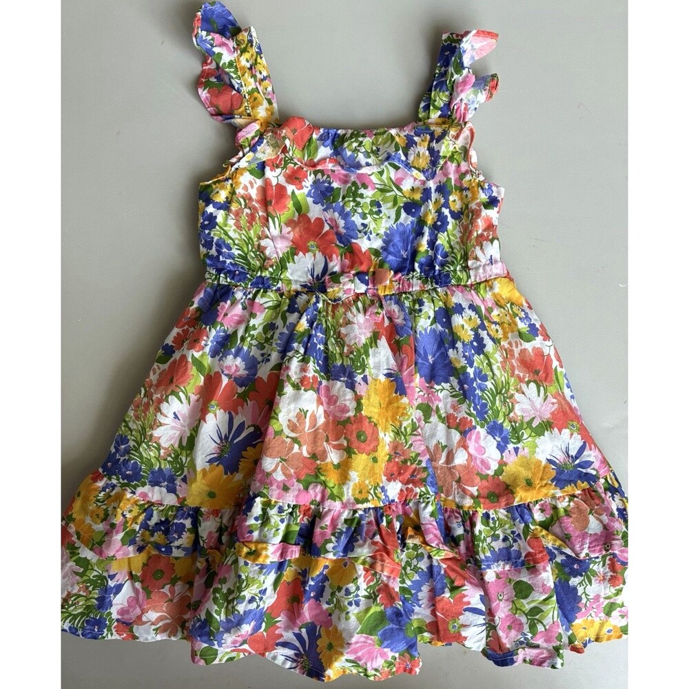 Janie and Jack Floral Dress Girls Size 3 Bow Ruffle Straps Lined Cotton Spring